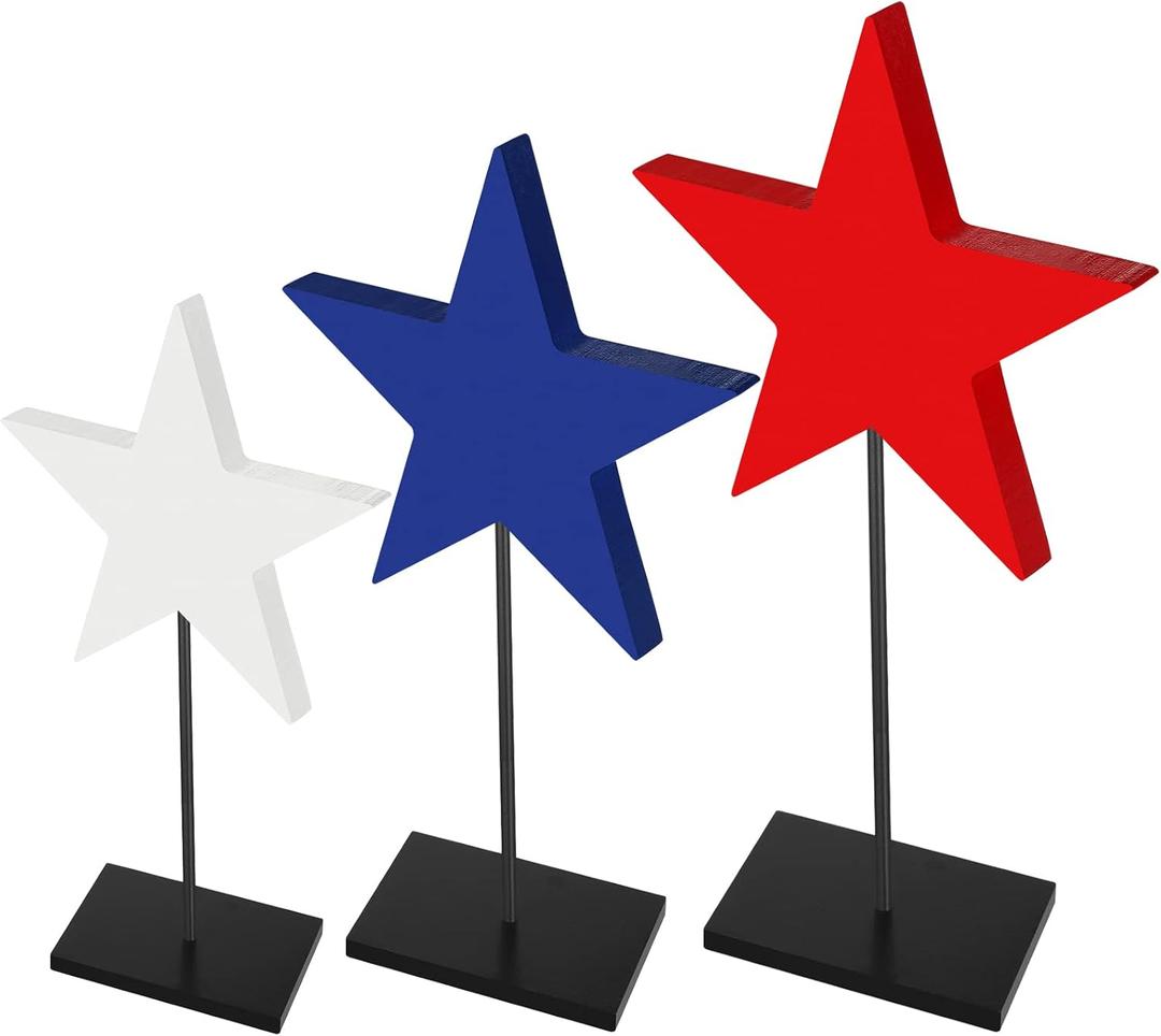 3 Pcs 4th of July Day Table Signs Decoration Patriotic Decorations Wooden Star Table Decoration Independence Day Blocks Tiered Tray Decor Freestanding Table Signs