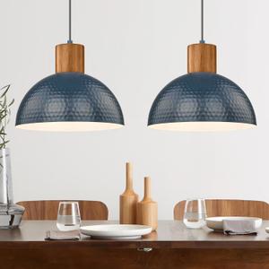 ELYONA Modern Hammered Pendant Light Fixtures with 12" Metal Shade Solid Wood Dome Hanging Pendant Light for Farmhouse Kitchen Island Dining Room Sink Bedroom Hallway Medium 2 Pack Blue