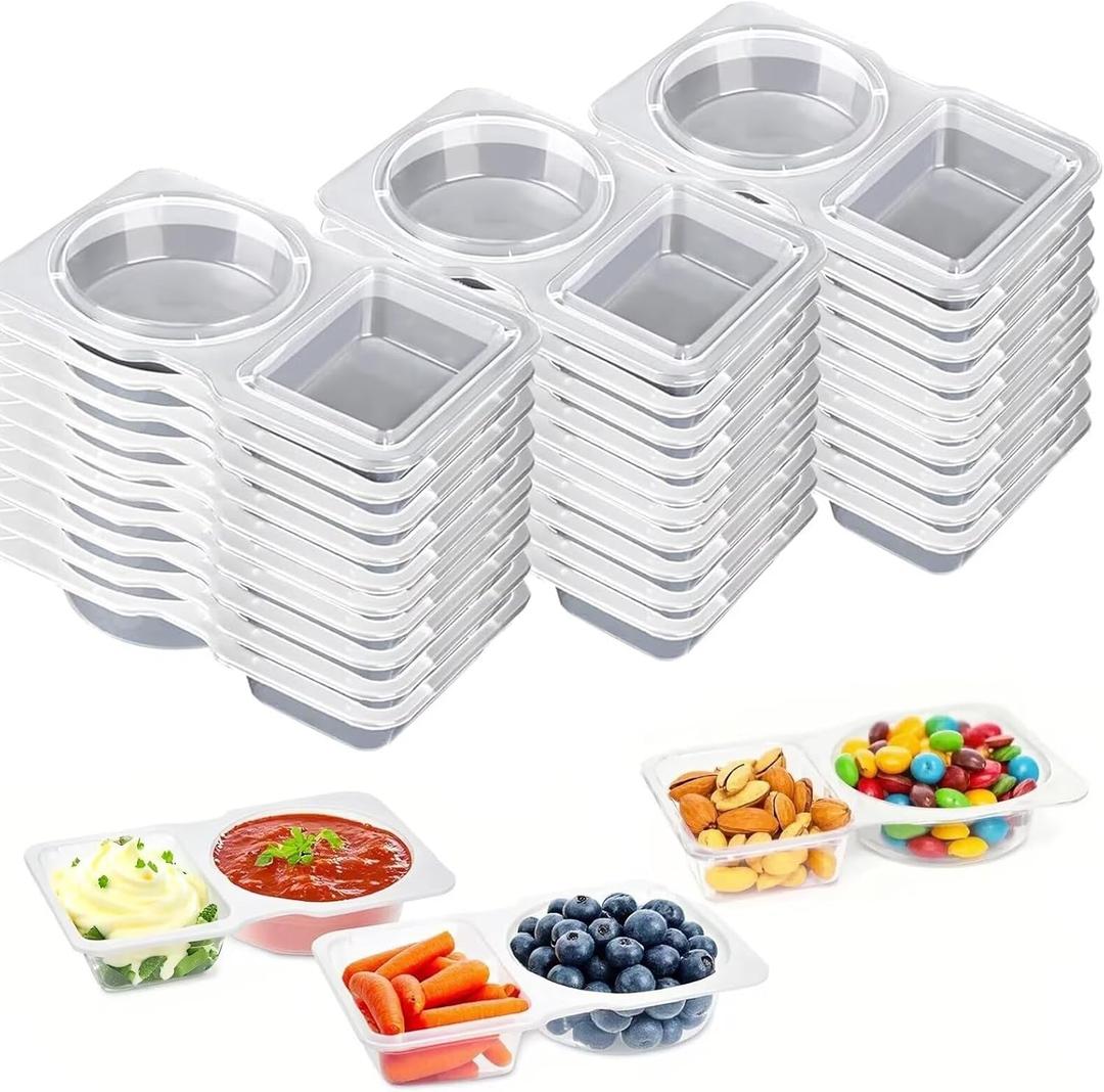 30pcs Reusable Snack Containers with Lids,2025 New 2 Compartment Plastic Containers for Pack Snacks,Leakproof Double Compartment Condiment Pack for Meal Prep, Portion Control,On-the-Go School Travel
