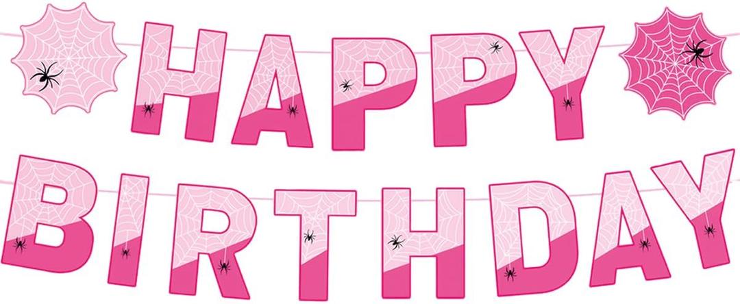 Ghost Spider Web Birthday Party Banner, Pink Spider Banner Flags Pre-strung Spider Web Birthday Flags Sign Party Supplies (pink)