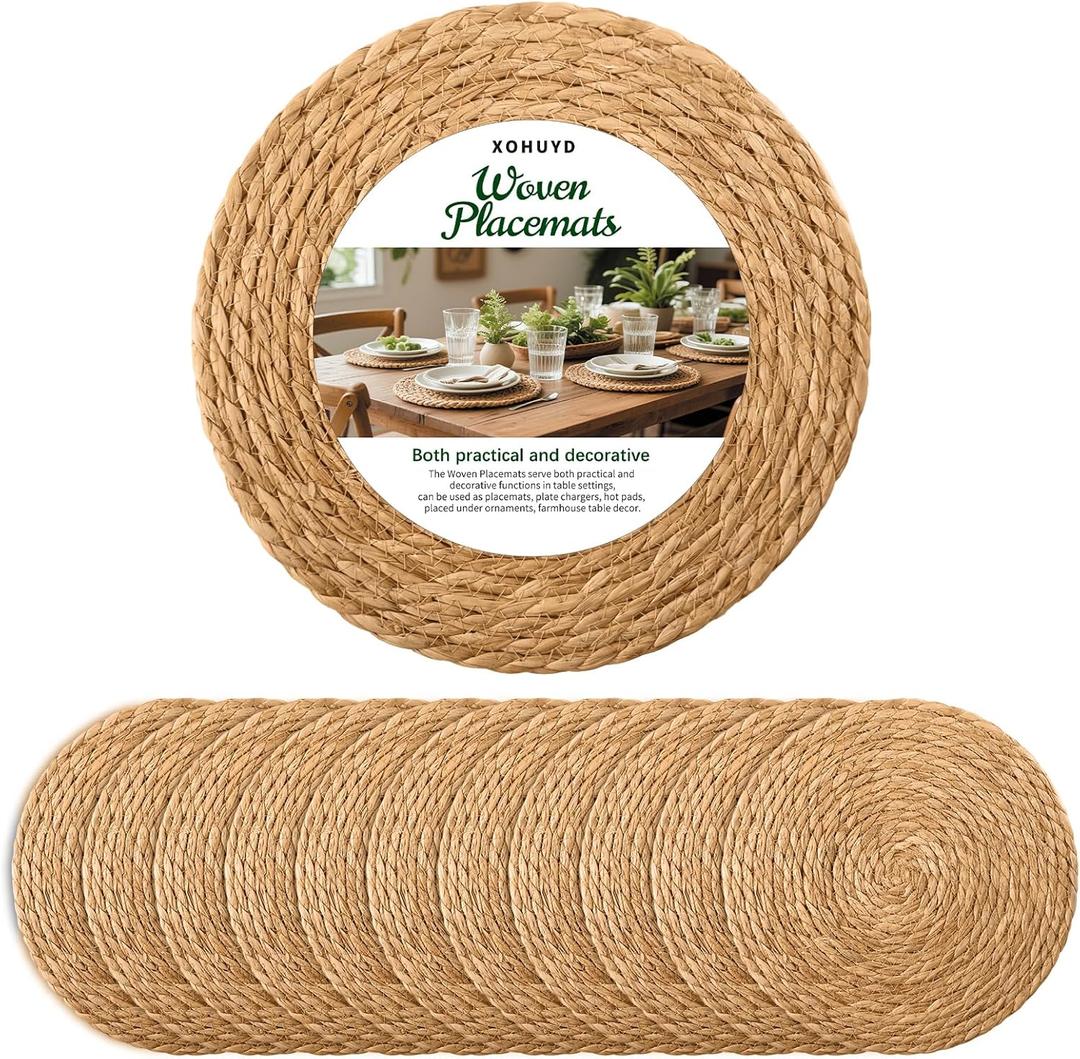 13 in Round Woven Placemats Plate Chargers Set of 12, Boho Farmhouse Rustic Woven Place Mats for Kitchen Dining Party Table Decor, Rattan Wicker Table Mats Jute Braided Chargers for Dinner Plates