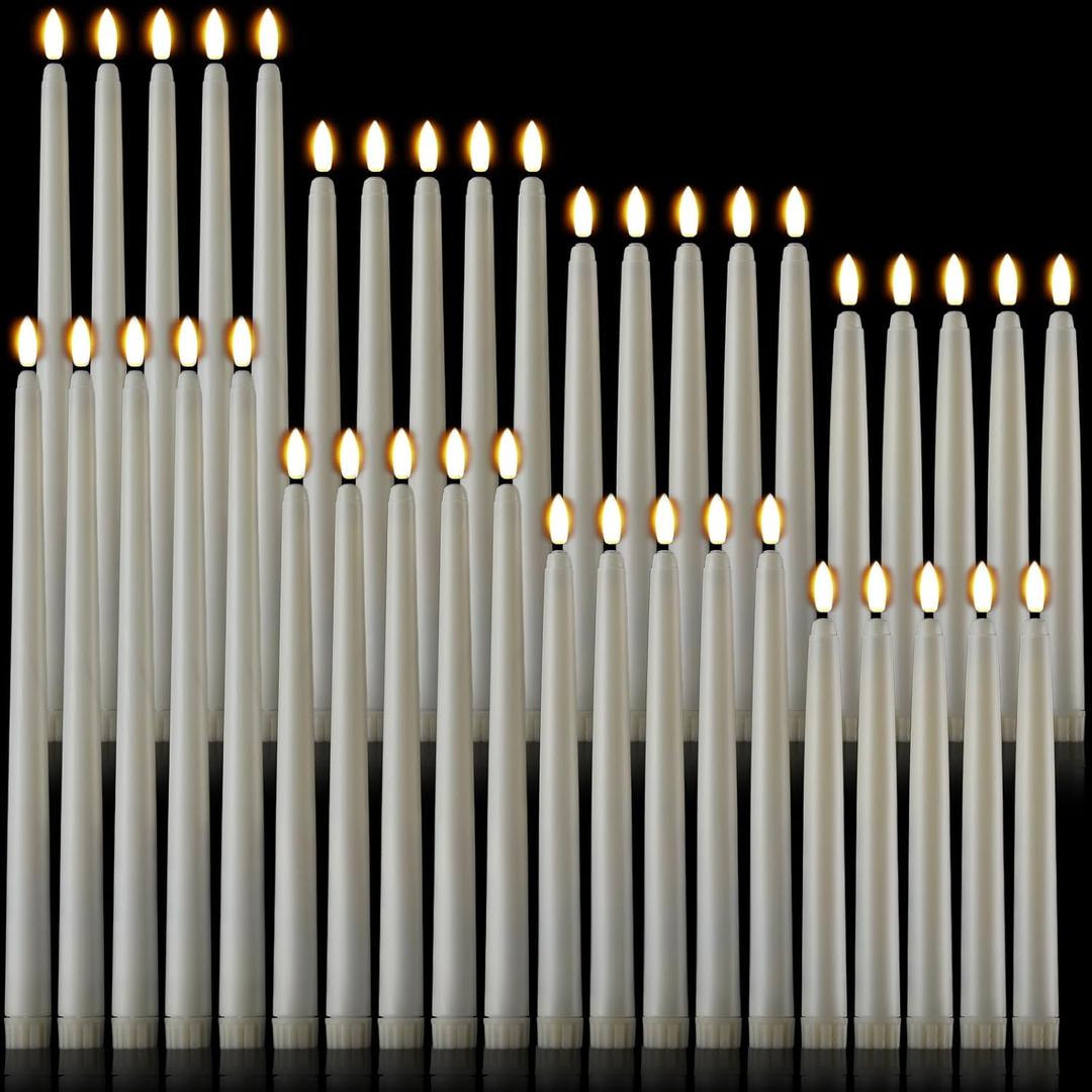 Baquler 40 Pcs Flameless Taper Candles LED Flickering Taper Bulk Battery Operated Flameless Candle for Halloween Christmas Birthday Wedding Decoration, 8.5/9.7/10.8/12.8 Inch (Ivory)