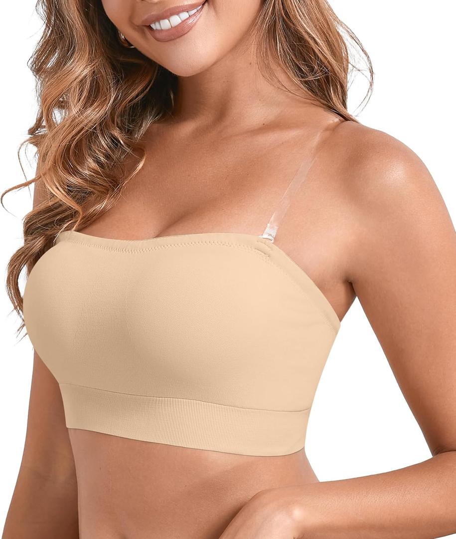 DEANGELMON Strapless Bras for Women Comfort Non-Slip Seamless Padded Bralette Clear Straps Wireless Tube Top Bra (Medium, Nude)