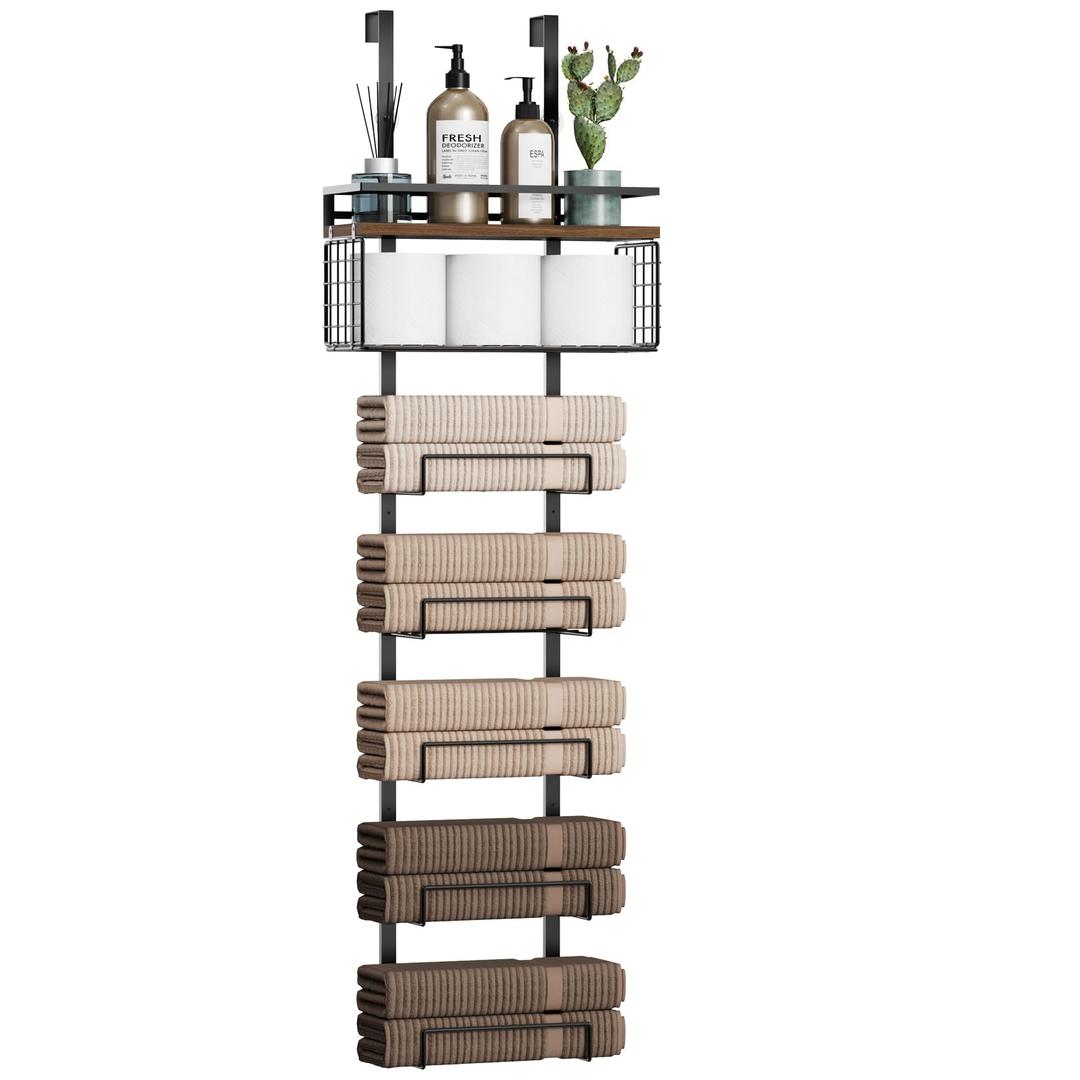 Aetyord Towel Racks for Bathroom Over The Door Towel Racks Towel Storage Organizer with Metal Shelf Basket for Bathroom Rv Camper (7-Tier Black with Brown Plank)