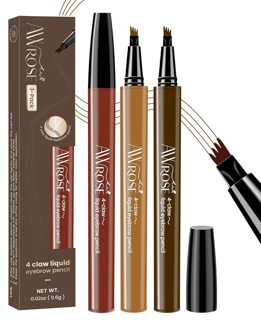 2 x AWROSE Eyebrow Pencil, 3 Pack 3D Microblading 4-Tip Eyebrow Pen, Magic Precise Natural Waterproof Eye Brow Pen with Hair Like Strokes, 4 Fork Tip Multi-Used Eye Brow Pencils for Women/Men (Dark Brown+Light Brown+Reddish Brown)