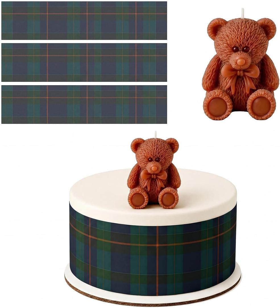 MTLEE 3 Pcs Tartan Plaid Bear Baby Shower Cake Border Strips with Teddy Bear Candle Set Green Blue Tartan Plaids Cardboard Cake Wraps for Baby Shower Birthday Party Decorations Supplies