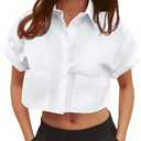 Tankaneo Womens Button Down Shirts Cropped Short Sleeve Casual Crop Tops Blouses with Pockets, Large, White