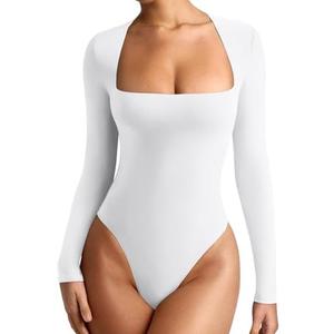 REORIA Women's Basic Lightweight Layering Sexy Slim Square Neck Long Sleeve Bodysuit Tops (L, White)