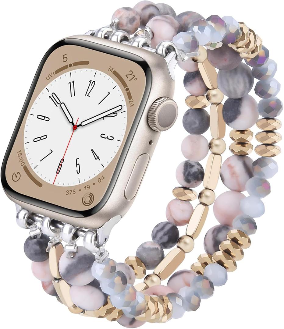 VISOOM Beaded Boho Bracelet Compatible for Apple Watch Band 40mm/38mm/41mm/42mm Series 11 10 9 8 7 SE Series 6/5/4 Women Fashion Cute Handmade Crystal Beads Stretchy Watch Strap for iWatch Bands 3/2/1 (Pink Zebra)