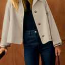 Yeokou Women Oversize Trench Coat Plaid Lining Lapel Button Down Casual Crop Jacket Outwear with Pockets, M
