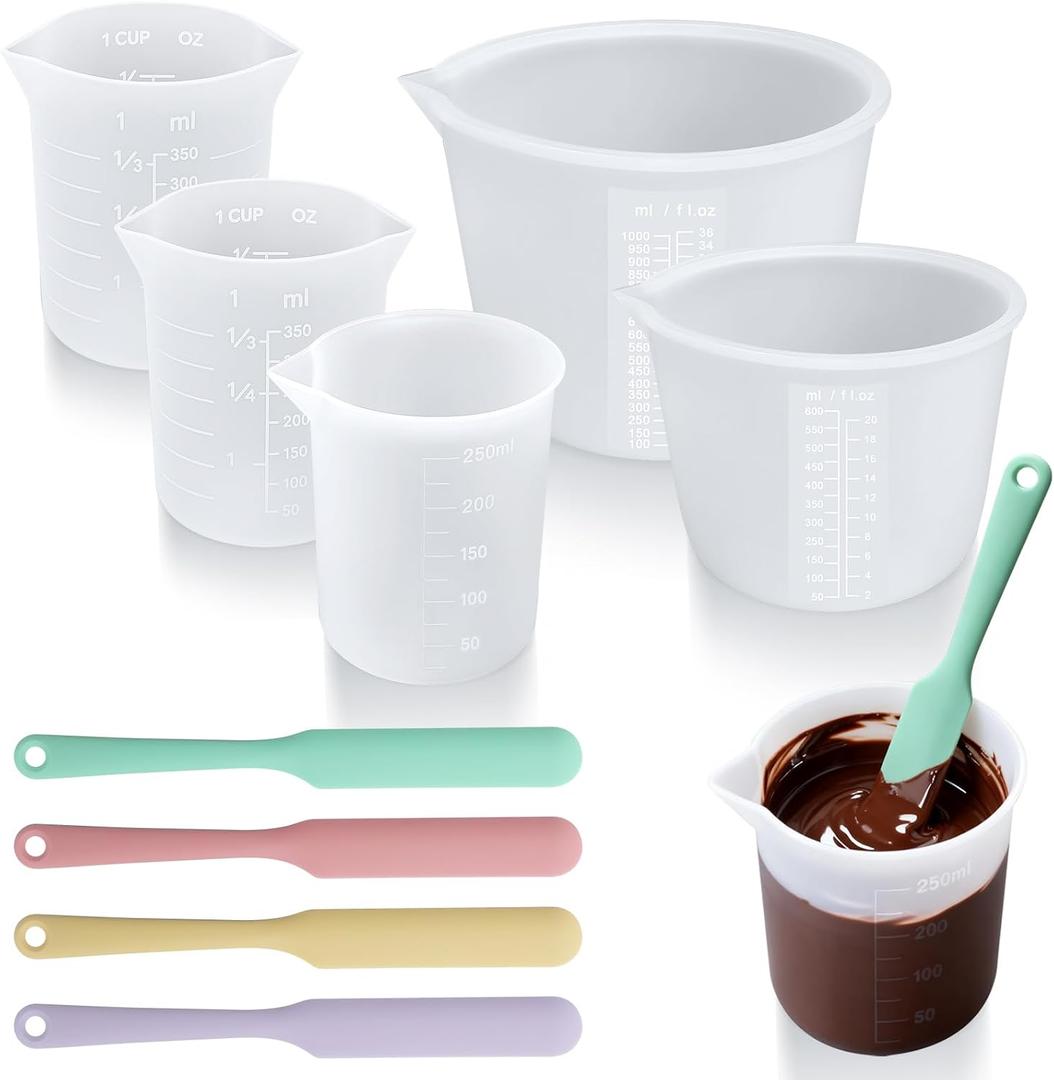 Silicone Chocolate Melting Cup Set with 6 Silicone Measuring Cups (250ml & 350ml & 600ml &1000ml) and 4PCS Heat-Resistant Jar Spatulas, Non-Stick Baking Tools for DIY Chocolate, Butter & Cream Mixing