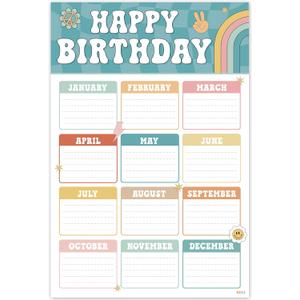 Boho Groovy Classroom Birthday Chart 16"x24", Back to School Happy Bday Poster Calendar for Kids Student, Pastel Bulletin Board Decoration Gift, Reusable Teaching Supplies, Shipped in Tube