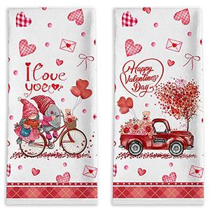 Bonsai Tree Valentines Day Kitchen Towels, Heart Valentine's Day Hand Towels Sets of 2, Gnome Valentines Decor for Kitchen,Bathroom,Dinner,Party