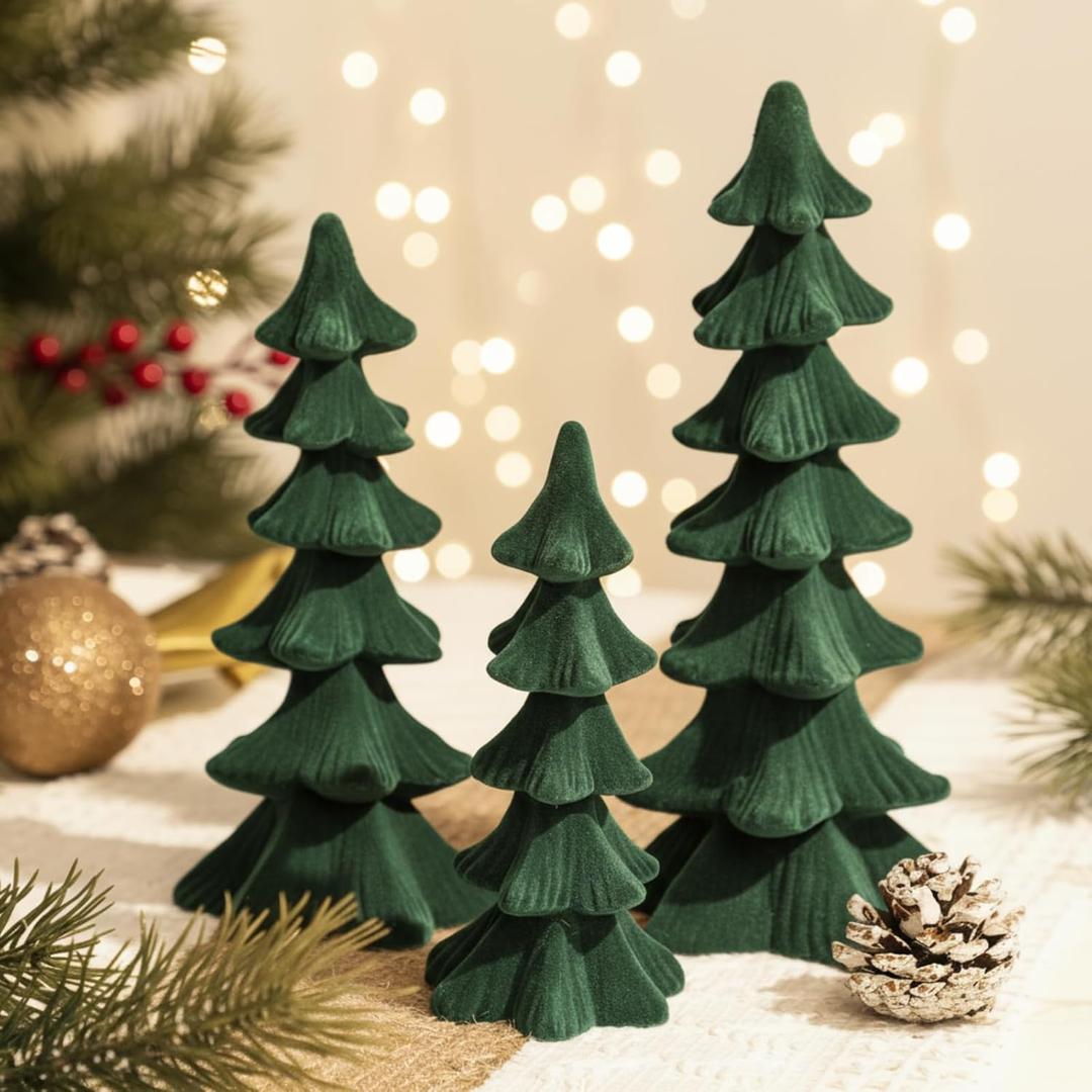 Newwiee 3 Pcs Christmas Velvet Trees Set Velvet Christmas Tree Cone Ceramics Flocked Modern Tabletop Centerpieces Farmhouse Home Decorations for Kitchen Xmas Party Mantel Tiered Tray Gift(Dark Green)
