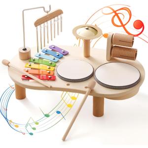 Promise Babe Wooden Drum Set for Toddlers 1-3, Musical Percussion Instruments for Kids Baby Drum Set Xylophone, Montessori Educational Musical Toys for Girls Boys Ages 3+ (TABLE)