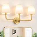 MOKATNG Bathroom Light Fixtures, 3-Light Brushed Gold Vanity Lights, Bathroom Lighting Fixtures Over Mirror with Flared White Fabric Shade, Modern Wall Sconces for Living Room Hallway