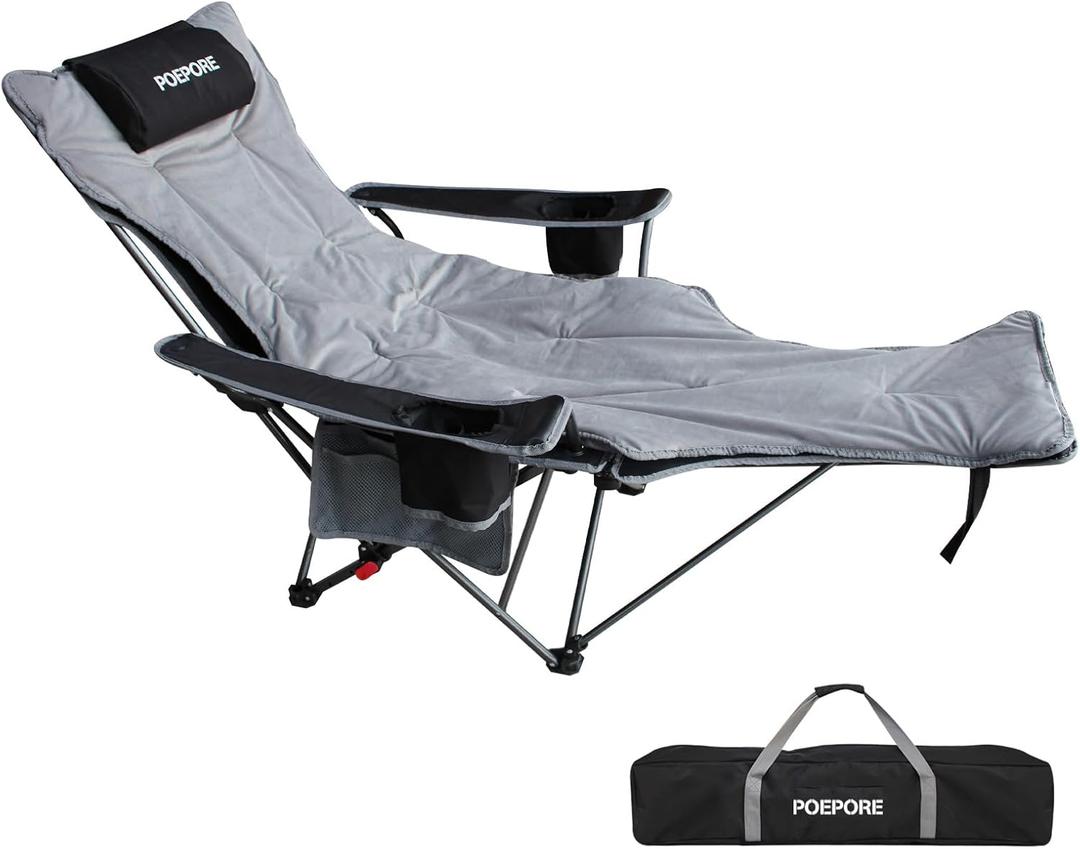 Reclining Camping Chair with Removable Footrest Lounge Chair with Headrest, Cotton Cushion, Portable Adjustable Folding Chairs (1 pack, Black)