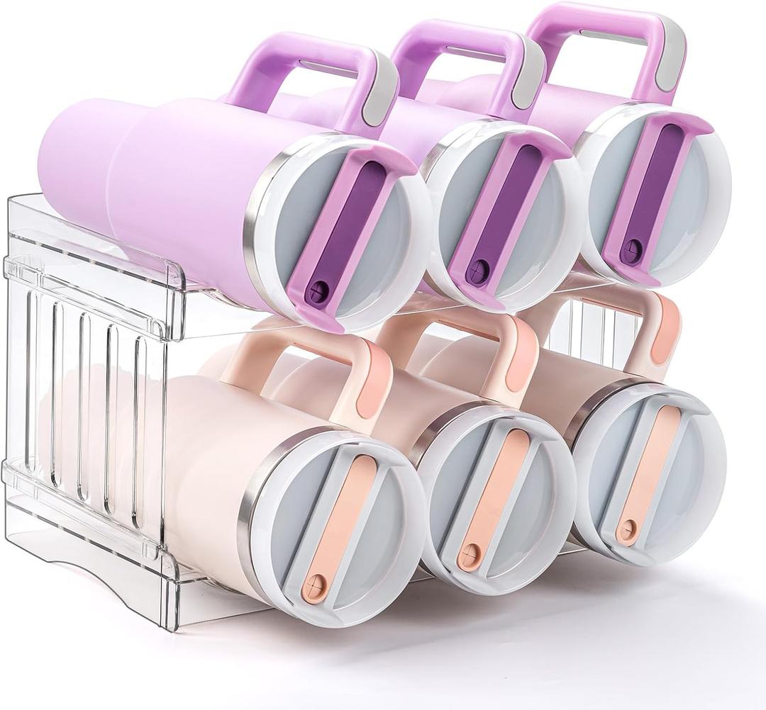 Water Bottle Organizer for Stanley Cup Accessories, Cabinet Organizers and Storage for Meoky 40 oz Tumbler with Handle, Fridge Tumbler Organizer Kitchen Gadgets Gifts, 2Pack Large-6-Bottle, Clear 