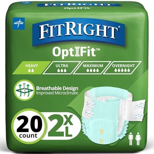 FitRight OptiFit Extra Adult Briefs, Incontinence Diapers with Tabs, Moderate Absorbency, 2XL, 60 to 70", 20 Count