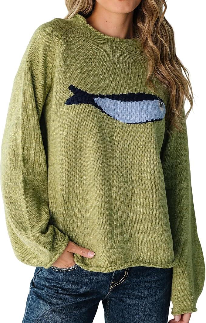 Women's Oversized Roll Neck Cute Animal Graphic Sweater Long Sleeve Chunky Knit Pullover Tops Casual Patterned Knitwear, L