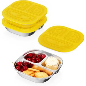 3 Pack Snack Containers,Lunch Box Containers,Food Grade Metal Base with a BPA Free Leakproof & Airtight Silicone Lid,Reusable Airtight Bento lunch Boxes, Kitchen Storage, Freezer (3 color) (Yellow)