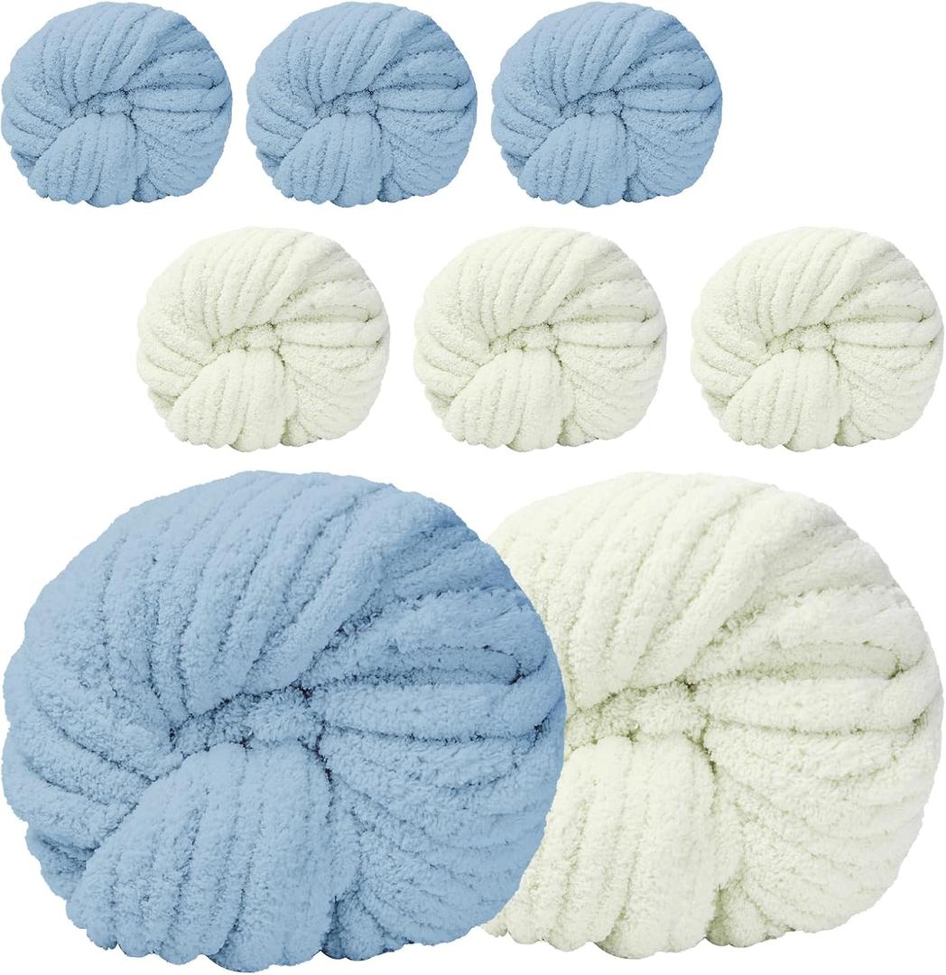 Assorted Chunky Yarn for Crocheting 8 Pack,Fluffy Jumbo Chenille Yarn,Soft Plush Yarn Bulky for Hand or Arm Knitting,(32 yds8.8 oz Each Skein),Cream & Sky Blue (4 Light Blue+4 Forest Green)