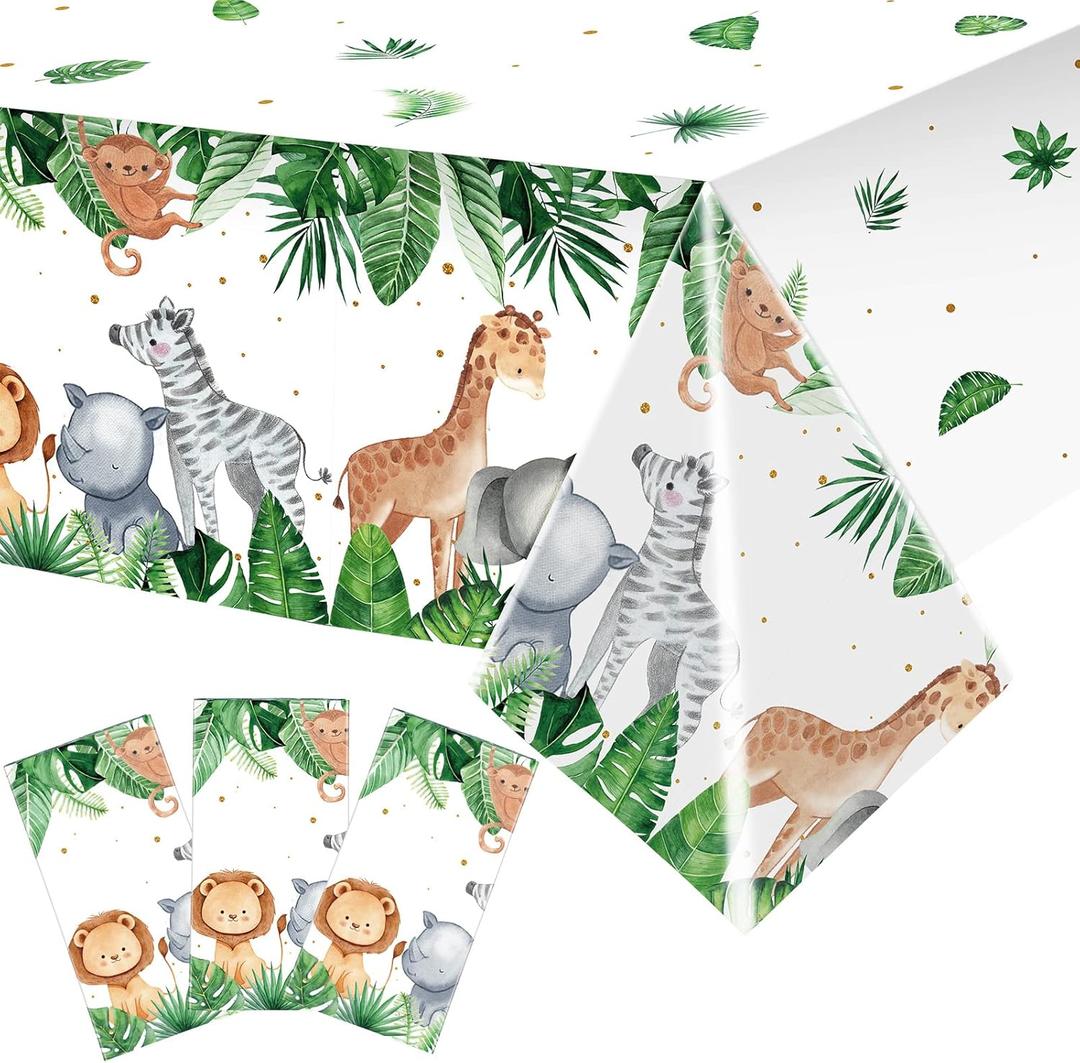 Jungle Safari Party Tablecloth Wild One Tablecloth Animal Print Table Cover Sage Green Baby Shower Decorations Zoo Plastic Table Cover for Boys Kids Birthday Decoration Supplies, 108 x 54 Inch (3 Pcs)