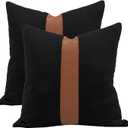 Set of 2 Black Decorative Throw Pillow Cover 24x24 Square Cushion Covers Farmhouse Rustic Pillow Case Modern Leather Pillow Cover for Sofa Couch Chair Bedroom Boho Decor