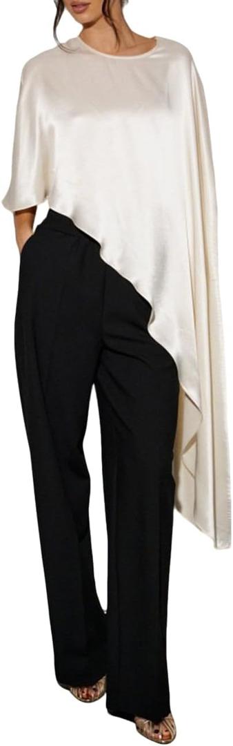 Women Asymmetrical Hem Satin Silky Shawl Wraps Elegant Round Neck Dressy Cape Poncho Top Flowy Loose Fit Cover Up Blouse (White, M)