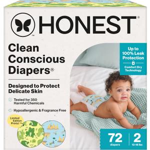 The Honest Company Disposable Daytime Diapers, Up to 100% Leak Protection, Designed to Protect Delicate Skin, Hypoallergenic + Fragrance-Free, UR Ribbiting + Waddle It Be, Club Box, Size 2, 72 Count