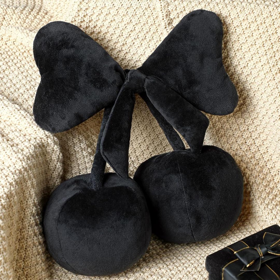 Small Bow Pillow Cherry Throw Pillow Aesthetic Cute Coquette Room Decor Funny Preppy Cherry Cushions for Bedroom Living Room Sofa Bed Chair Decoration (Black)