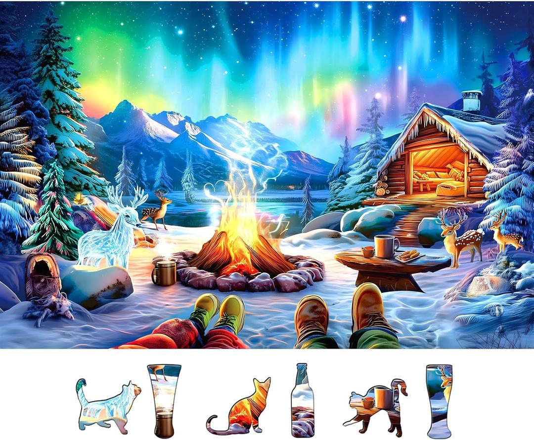 Aurora Winter Camp 500 Piece Puzzle for Adults, Fun Puzzles for Adults 500 Pieces with HD Print & Poster, 23" X 15" in Dust Free, for Gifts Halloween Christmas Family Games Lovers (Blue&white-500 Piece-northern Travel Camping)