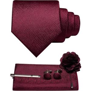 Mens Tie and Pocket Square,Lapel Pin,Cufflinks,Tie Clip Sets with Gift Box 5PCS (Burgundy)