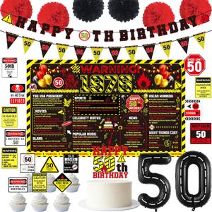 Gameza 50th Birthday Decorations for Men Women, 33PCS Caution Logos Themed 50th Birthday Party Decorations with Banner Balloons Cake Cupcake Toppers Paper Poms Backdrop Stickers, 50 Years Old Decor