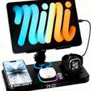 30W Charging Station for Apple Products, Foldable Wireless Charger with Clock Display&7 Color Light, Wired Charging for iPad/Tablet Charging Station for iPhone17, for Apple Watch11 for AirPods4(Black