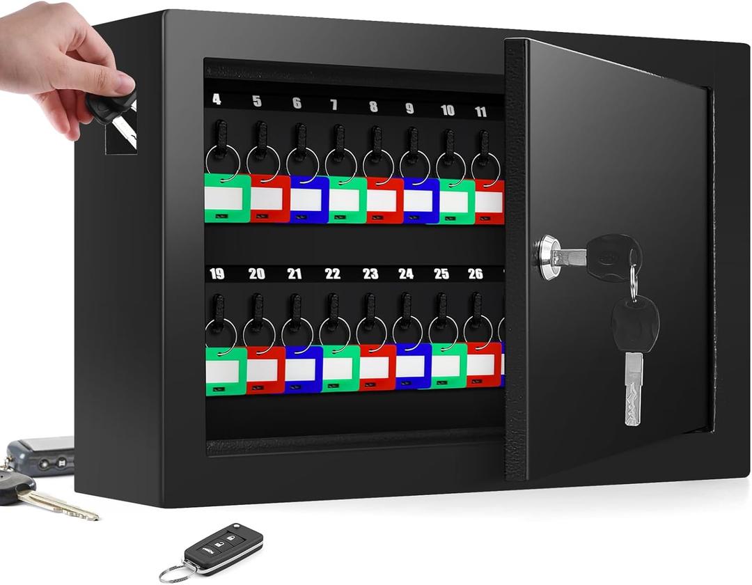 50 Keys Key Cabinet, Anti-Theft Key Lock Box with Key Tags, Adjustable Key Organizer Wall Safe for Car Office House Garage Rental Business (Black)