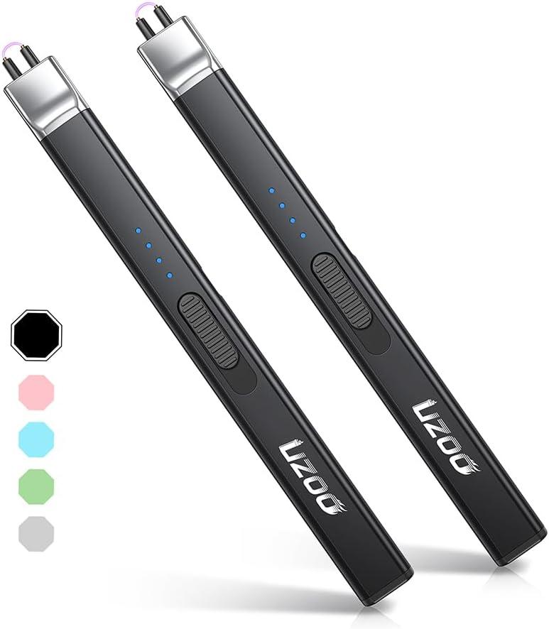 2 PCS Long Lighter, Candle Lighters Electric Lighter, Rechargeable Arc with LED Display, Lighters for Candle Aromatherapy Camping BBQ Gas Stoves-Deep Black