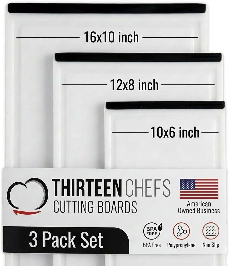 Thirteen Chefs Non Slip Cutting Board 3 Pack Set for Kitchens with Groove - BPA Free and Dishwasher Safe with 16, 12 and 10 Inch Sizes (Black)