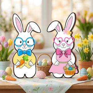 2 x YQUQWN 2 Pcs Easter Bunny Decorations for Table Easter Table Decor Wooden Rabbit Table Signs with Relief Bowtie and Flower for Spring Home Tiered Tray Decor Office Table Decorations