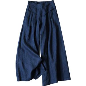 Gihuo Women' s Culottes Linen Blend Wide Leg Pants Elastic Waist Casual Palazzo Trousers with Pockets Capris (Navy)