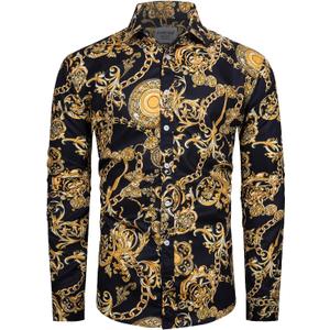 fohemr Mens Luxury Dress Shirts Baroque Gold Chain Print Casual Long Sleeve Button Down Buchona Shirt for Party (Black, XL)
