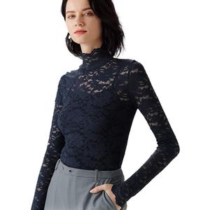 Women's Summer Floral Lace Top Sexy Long Sleeve Mock Neck Casual Shirt Going Out Blouse, Medium, Royal Blue & Without Cami