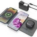 ZealSound Wireless Charging Pad, 3 in 1 Charger Mat for iPhone, Samsung Galaxy, Pixel, AirPods & Galaxy Buds, 24W Adapter Included, Ultra Slim, Case Friendly, PU Leather, Home Office & Travel, Gray