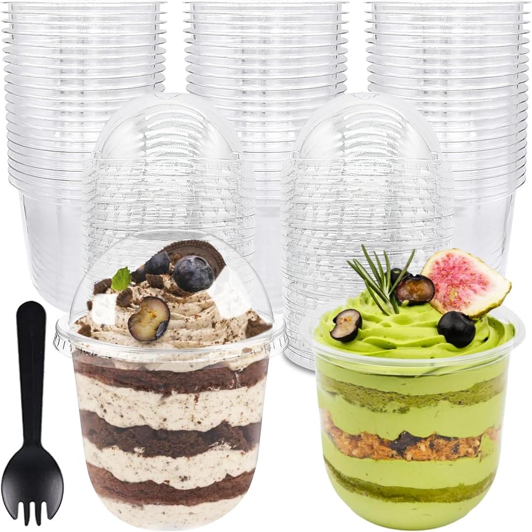Jnnzzggu 100 Pack 12OZ Clear Plastic Cups with No Hole Dome Lids and Sporks, Disposable Dessert Cups, Yogurt Parfait Cup for Cupcake, Pudding, Iced Cold Drinks, Coffee, Juice, Snacks, Fruits, Ice Cream