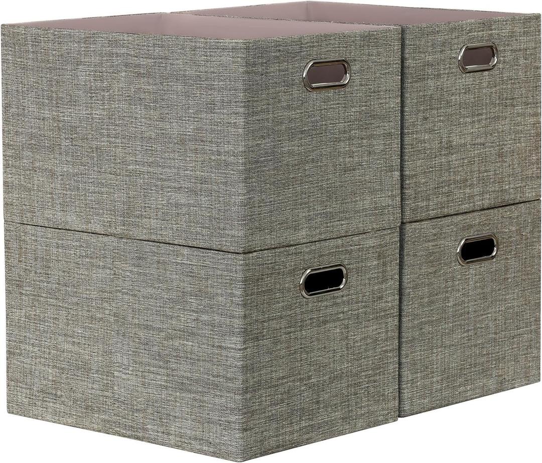 Closet Organizers and Storage Bins, Linen Baskets for Organizing, Collapsible Home Organization Boxes with Handles, Decorative Containers for Clothes, 16.25x12x10 Inch, 4 Pack, Coffee