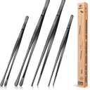 4 Pcs Fine Long Tweezer Tongs Professional Black, 12'' and 10'' Stainless Steel for Kitchen, Food, Cooking, Repairing, Sea food and BBQ