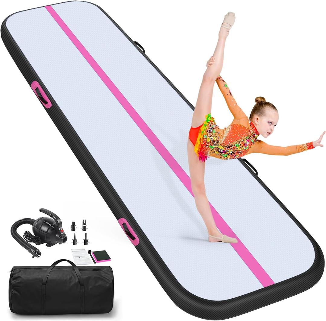 Air Tumble Track Mat, 6.6ft/10ft/13ft/16ft/20ft Inflatable Tumbling Track Mat for Gymnastics, 4/8in Thickness Gym Mats for Home Use/Training/Cheerleading/Yoga/Water with Electric Pump (Black-Pink)