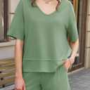 Tankaneo Womens 2 Piece Outfits Shorts Set Summer Casual Short Sleeve V Neck T Shirts Tops Matching Lounge Sets (Green, XXL)