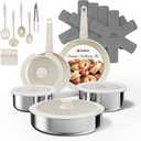 Sanho 21PCS Pots and Pans Set Non Stick, Ceramic & Stainless Steel Cookware Set with Detachable Handles, Induction Cookware, Oven/Dishwasher Safe, Frying Pans with Kitchen Essentials, Beige White