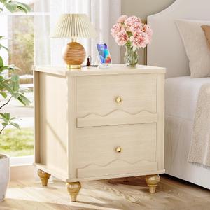 Cyclysio Natural Wood Nightstand with Charging Station, Scalloped Bedside Table with 2 Smooth Drawers, Modern End Table with Solid Wooden Legs for Bedroom and Small Spaces